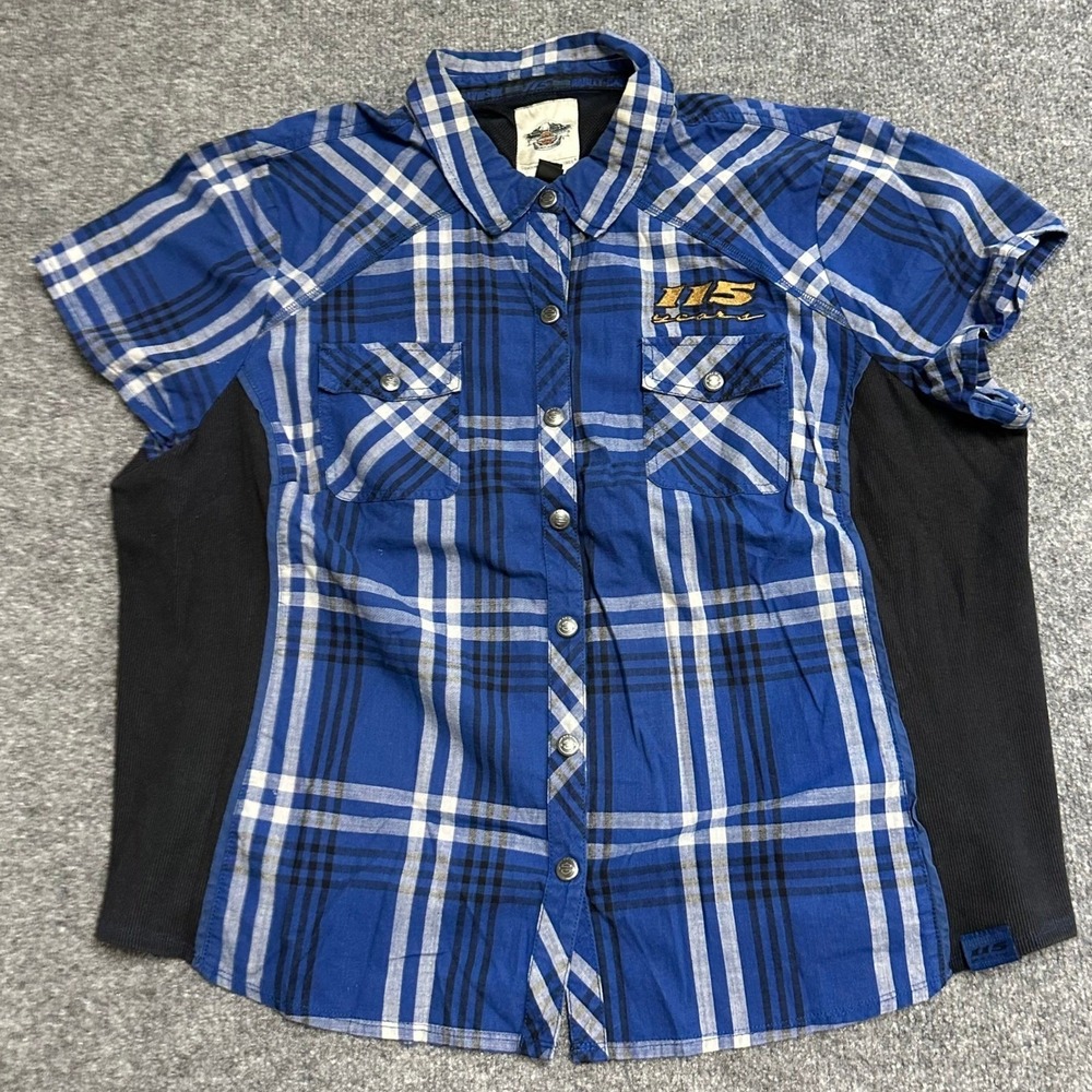 Harley-Davidson Shirt Womens 3W Blue Plaid Cotton 115th Anniversary Short Sleeve